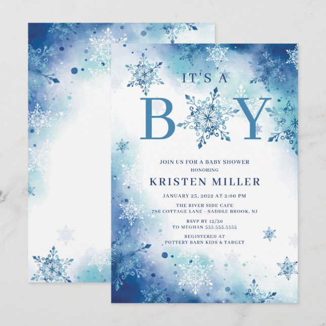 Invitation Blue Snowflakes C'est un Baby shower d'hiver pour  (Devant / Derrière)