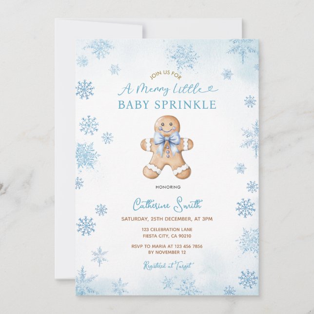 Invitation Blue Snowflakes Gingerbread Baby Sprinkle (Devant)