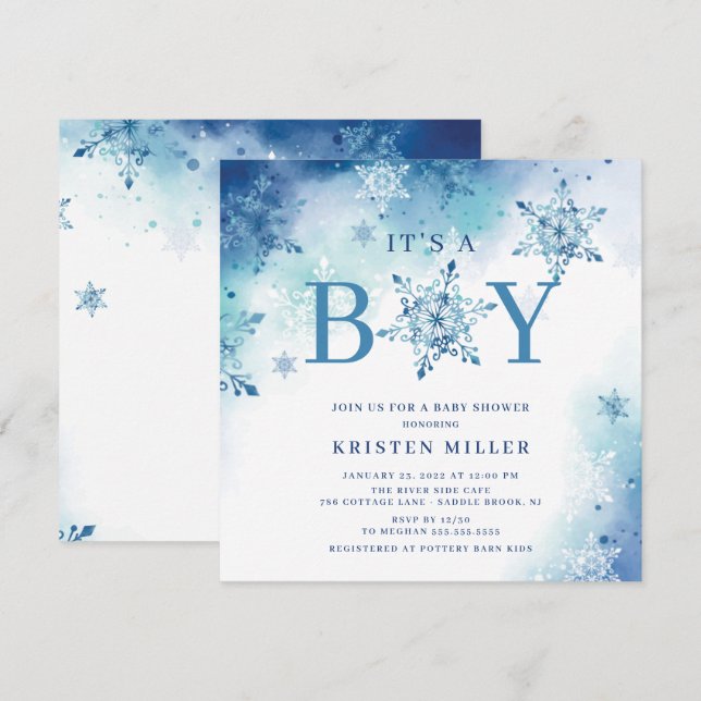 Invitation Blue Snowflakes Winter It's Boy Baby shower (Devant / Derrière)