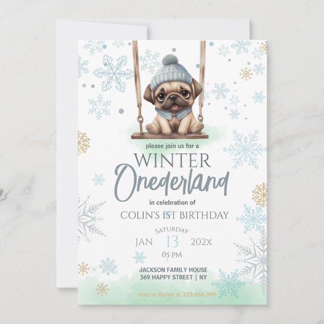 Invitation Blue Snowflakes Winter Onederland 1er anniversaire (Devant)