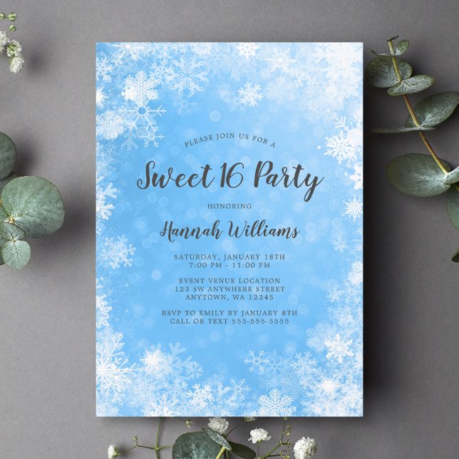Invitation Blue Snowflakes Winter Wonderland Sweet 16 (Créateur téléchargé)