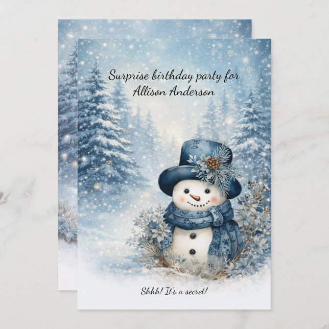 Invitation Blue Snowman Surprise Birthday Party | (Devant / Derrière)