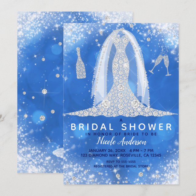Invitation Blue Sparkle Diamond Mariage robe Fête des mariées (Devant / Derrière)