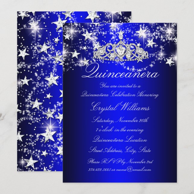 Invitation Blue Sparkle Tiara & Stars Quinceanera (Devant / Derrière)
