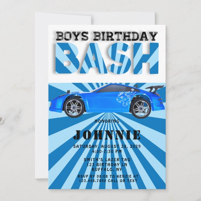 Invitation Blue Sports Car Boys Bash fête d'anniversaire (Devant)