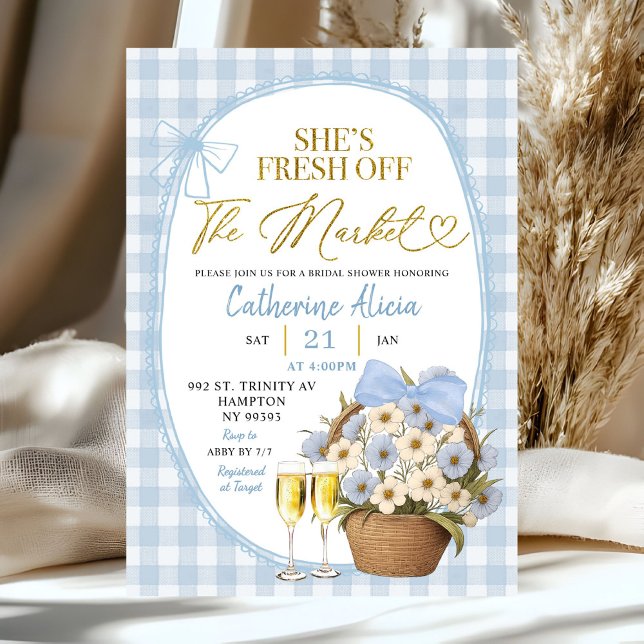 Invitation Blue Spring Floral Gingham Coquette Bridal Shower (Créateur téléchargé)