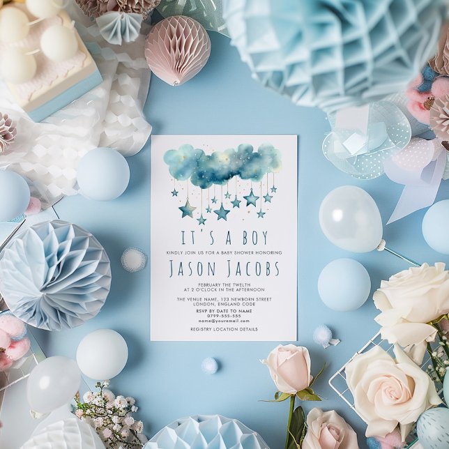 Invitation Blue stars C'est un baby shower garçon (Blue stars baby shower invitation with watercolor stars and elegant script for a boy.)