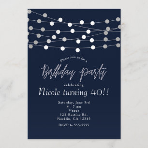 Invitation Blue String Lights Moderne Chic fête d'anniversair