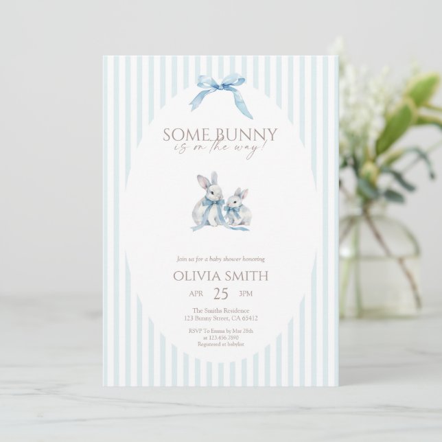 Invitation Blue Stripe Some Bunny Baby Shower (Debout devant)
