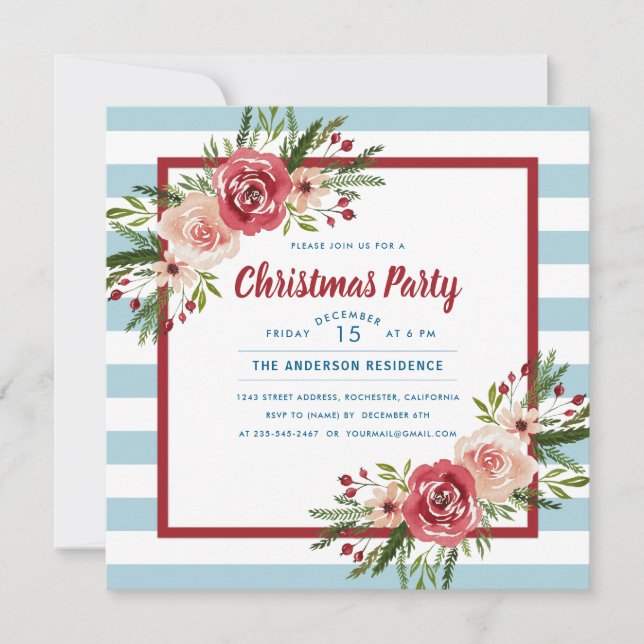 Invitation Blue Stripes Aquarelle Florale Noël Party (Devant)