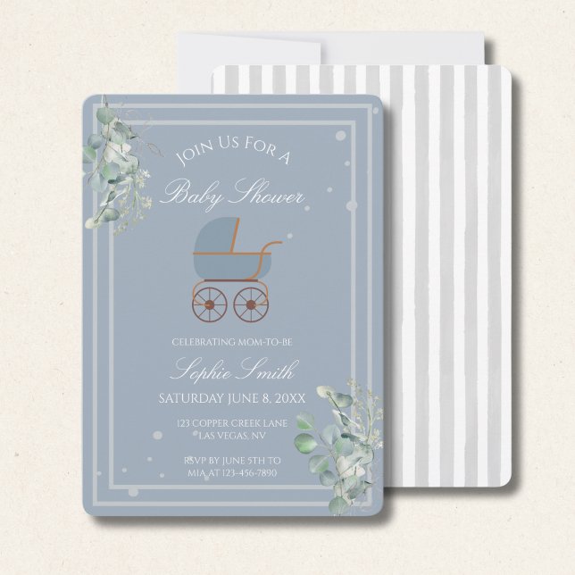 Invitation Blue Stripes Baby Carriage Eucalyptus Baby Shower  (Créateur téléchargé)