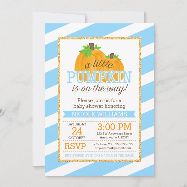 Invitation Blue Stripes Gold Little Citrouille Baby shower d' (Devant)