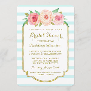 Invitation Blue Stripes Gold Pink Fête de l'mariée florale