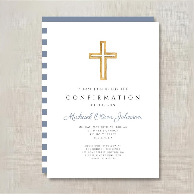 Invitation Blue Stripes Religious Cross Boy Confirmation (Blue Stripes Religious Cross Boy Confirmation Invitation)