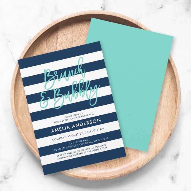 Invitation Blue Stripes Turquoise Brunch Fête des mariées Bub (Créateur téléchargé)