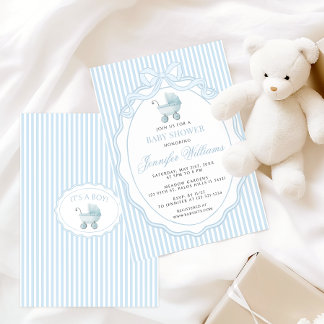 Invitation Blue Stroller Baby Carriage Bow Preppy Boy Shower
