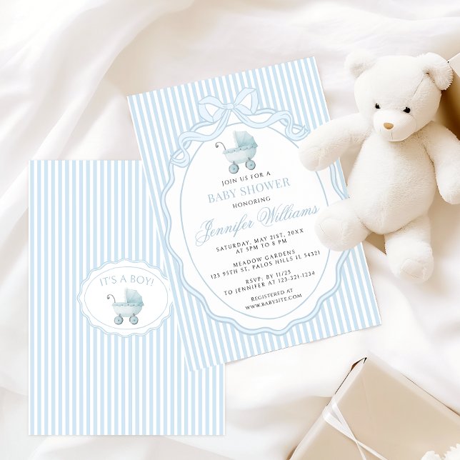 Invitation Blue Stroller Baby Carriage Bow Preppy Boy Shower (Créateur téléchargé)