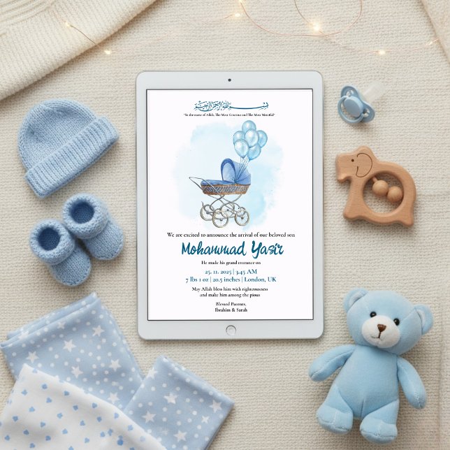 Invitation Blue stroller balloon muslim baby boy birth (Créateur téléchargé)
