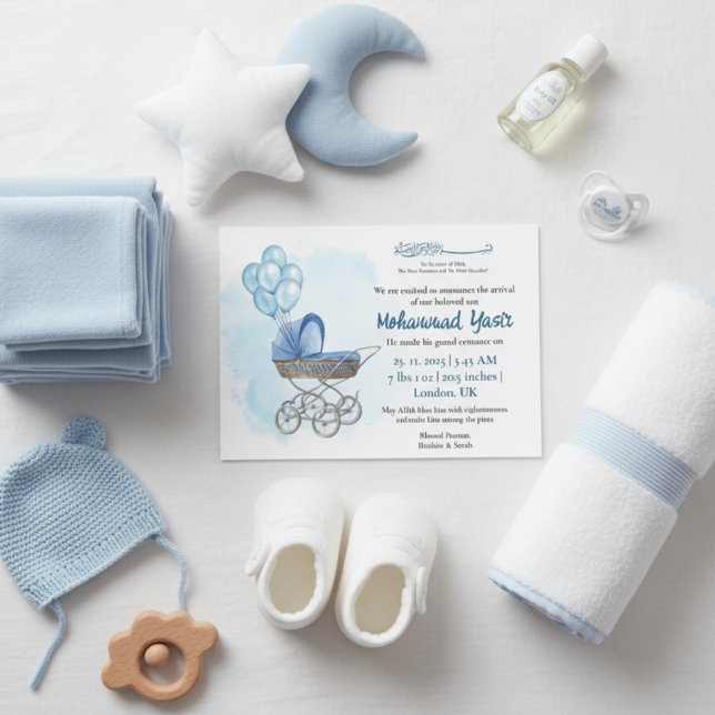 Invitation Blue stroller balloon muslim baby boy birth invita (Créateur téléchargé)