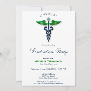 Invitation Blue Stylish Médicale Caduceus Green Wings Cross