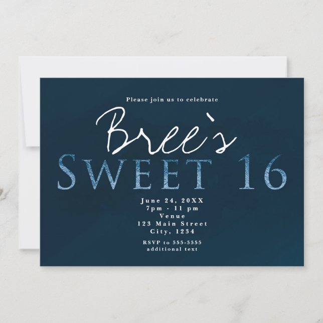 Invitation Blue SWEET 16 Chic Soirée d'anniversaire élégante (Devant)