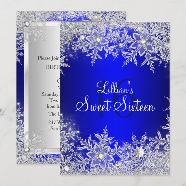 Invitation Blue Sweet 16 Snowflake Winter Wonderland (Devant / Derrière)