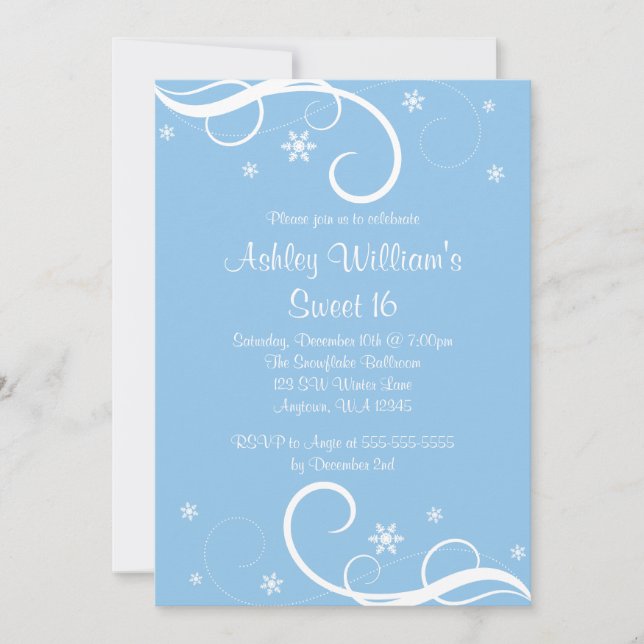 Invitation Blue Sweet 16 Snowflakes de Winter Wonderland (Devant)