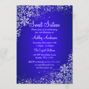 Invitation Blue Sweet 16 Winter Wonderland Sparkle Snowflakes