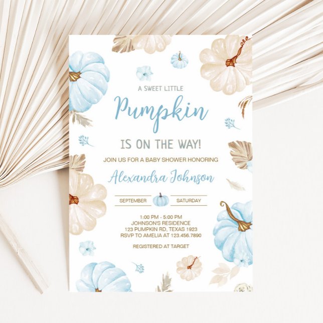 Invitation Blue Sweet Little Pumpkin Fall Baby Shower (Boy Sweet Little Pumpkin Fall Baby Shower Invitation)
