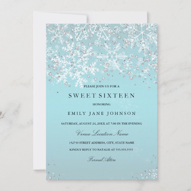 Invitation Blue Sweet sixteen Winter Wonderland Snowflakes (Devant)
