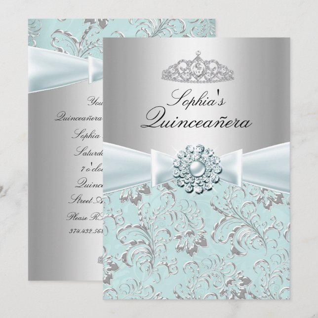 Invitation Blue Swirl Tiara Quinceanera Annonces (Devant / Derrière)