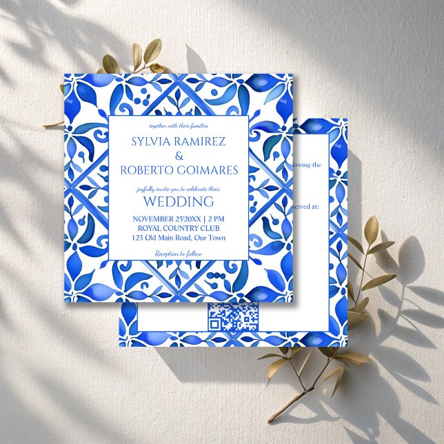 Invitation Blue Talavera tuiles espagnoles tout en un mariage (Blue Talavera Spanish tiles vintage Mexican wedding Invitations with RSVP template instant download)