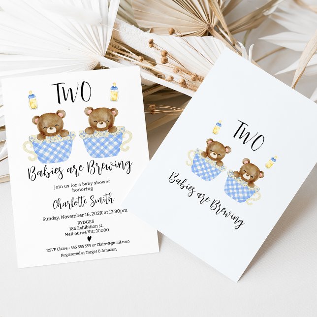 Invitation Blue Teacups Twins Deux bébés Brassage Baby shower (Cute two babies are brewing baby boy twins baby shower invitation featuring two bears in teacups.)