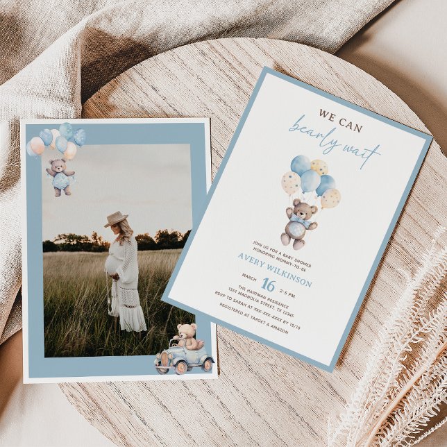 Invitation Blue Teddy Bear Aquarelle Photo Baby Boy Douche (Créateur téléchargé)