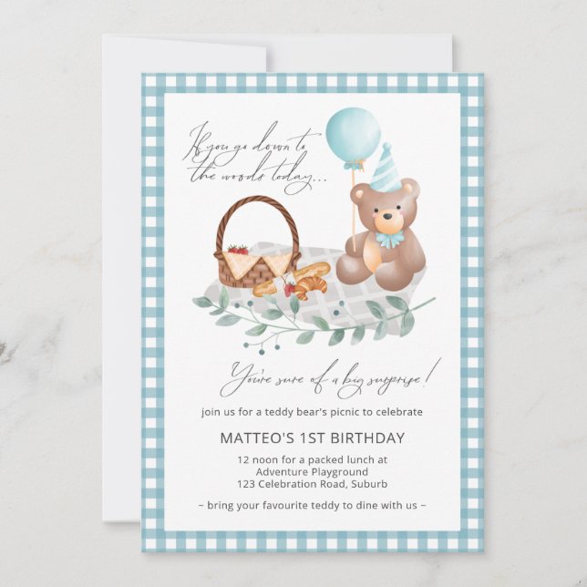 Invitation Blue Teddy Bear Balloon Pique-nique 1er Anniversai (Devant)