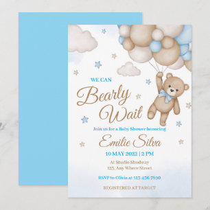 Invitation Blue Teddy Bear Balloons Boy Baby shower