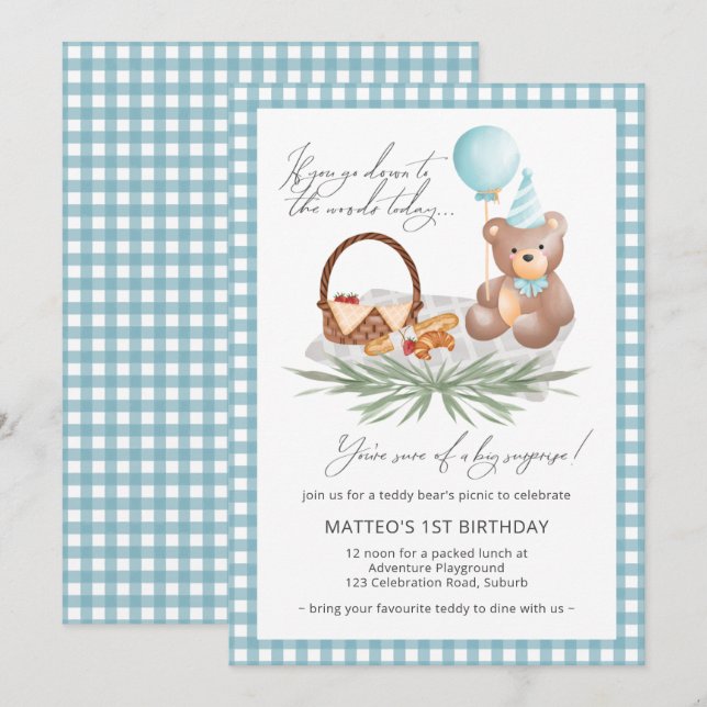 Invitation Blue Teddy Bear Pique-nique Balloons d'anniversair (Devant / Derrière)