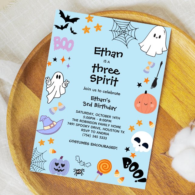 Invitation Blue Three Spirit Ghost Halloween 3e anniversaire (Blue Three Spirit Cute Ghost Boy Halloween 3rd Birthday Invitation )