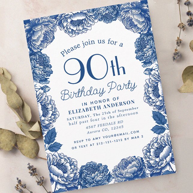 Invitation Blue Toile De Jouy Floral 90e Anniversaire (Créateur téléchargé)