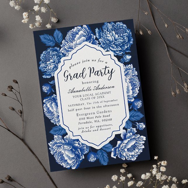 Invitation Blue Toile De Jouy Peony Classy Graduation Party (Créateur téléchargé)