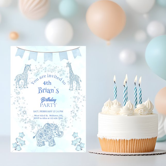 Invitation  Blue Toile Jungle Animals Kids Birthday (Créateur téléchargé)