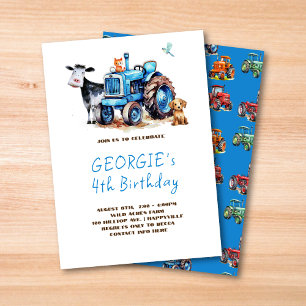 Invitation Blue Tractor Barnyard fête d'anniversaire