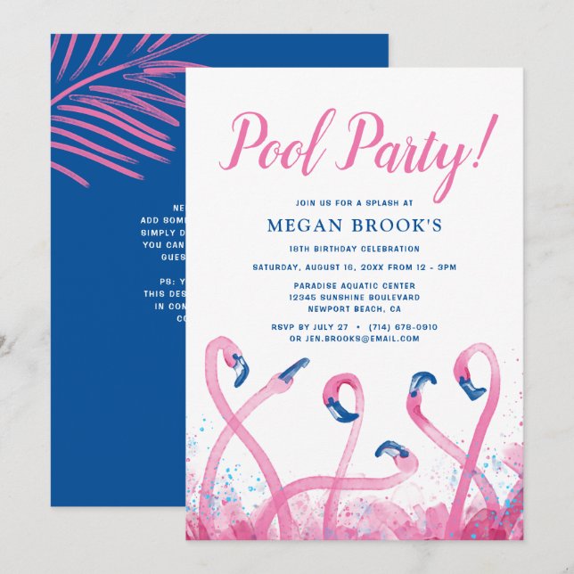 Invitation Blue Tropical Pink Flamant rose 18ème Piscine Anni (Devant / Derrière)