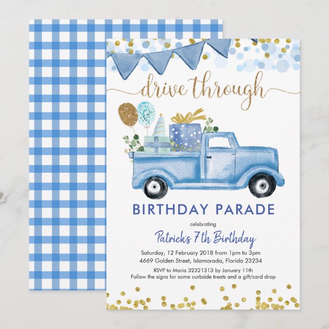 Invitation Blue Truck Boy Drive par Birthday Parade (Devant / Derrière)