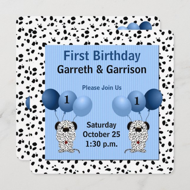 Invitation Blue Twin Boys 1er fête d'anniversaire (Devant / Derrière)
