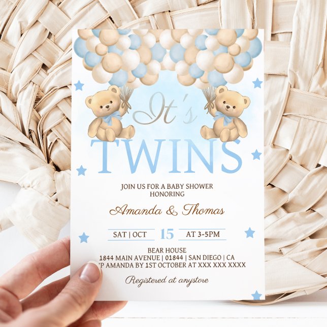 Invitation Blue Twin Boys Bear Balloons Baby shower (Créateur téléchargé)