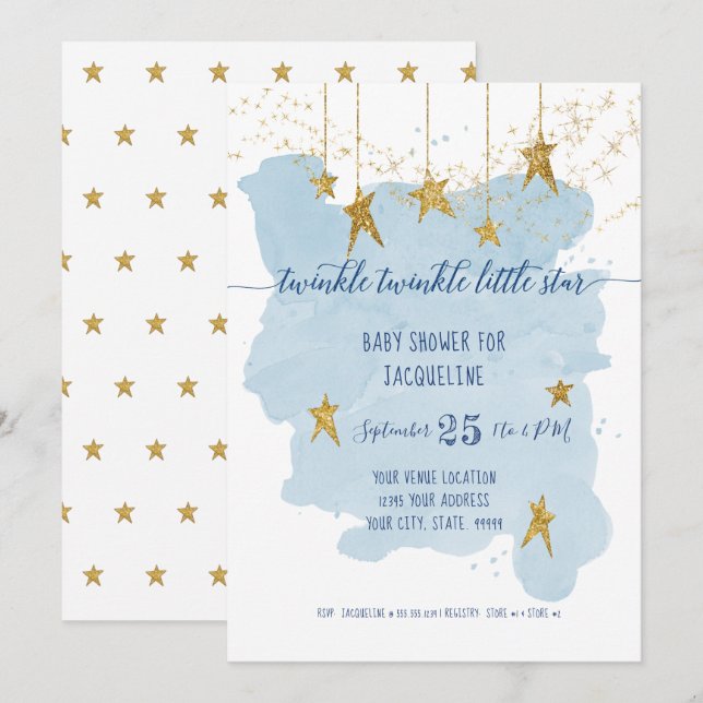 Invitation Blue Twinkle Little Star Gold Boy Baby shower (Devant / Derrière)