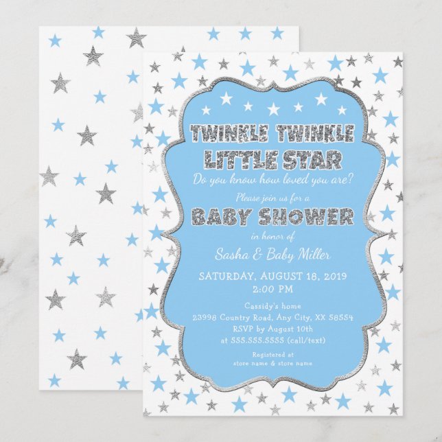 Invitation BLUE Twinkle Twinkle Little Star Baby shower (Devant / Derrière)