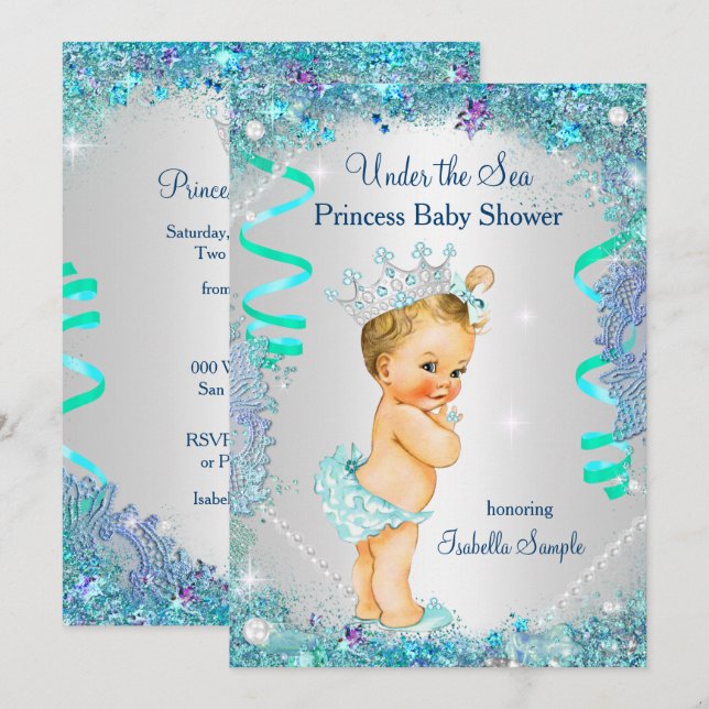 Invitation Blue Under the Sea Princess Baby shower Blonde (Devant / Derrière)