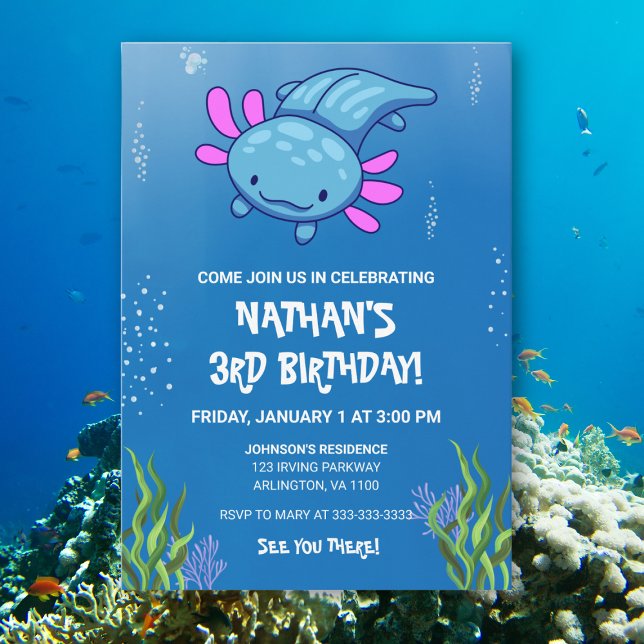 Invitation Blue Underwater Axolotl Enfants Garçons Amusants A (Créateur téléchargé)
